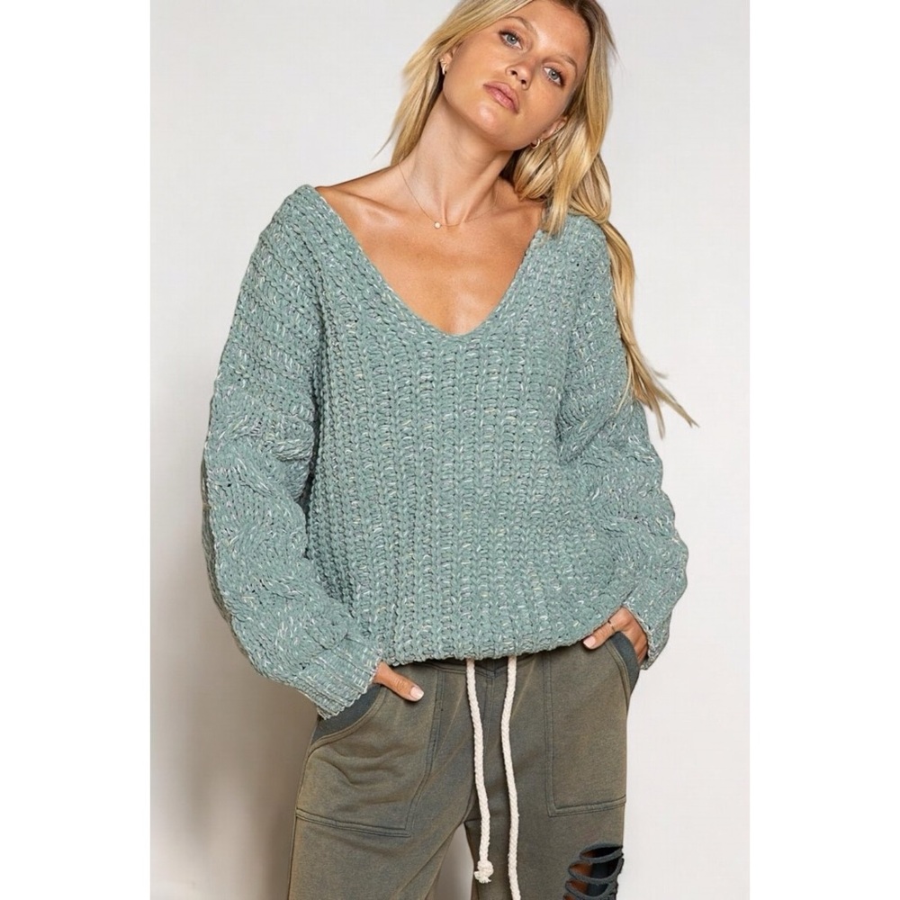 POL Olive Color Blend Chunky Knit V Neck Chenille Sweater Cable Knit Sleeves - Picture 4 of 7